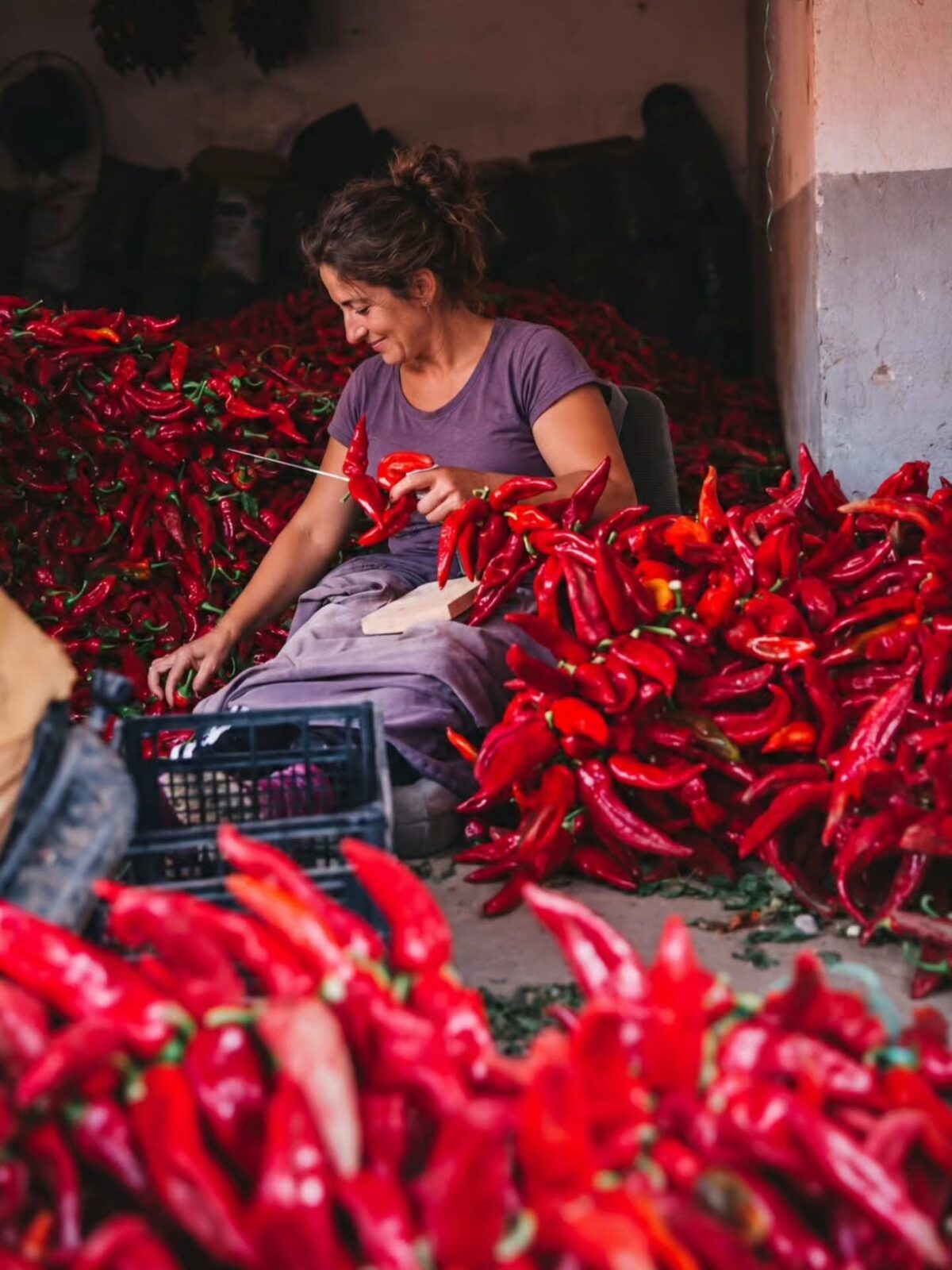 A woman sorting freshly harvested red peppers in a sunlit courtyard